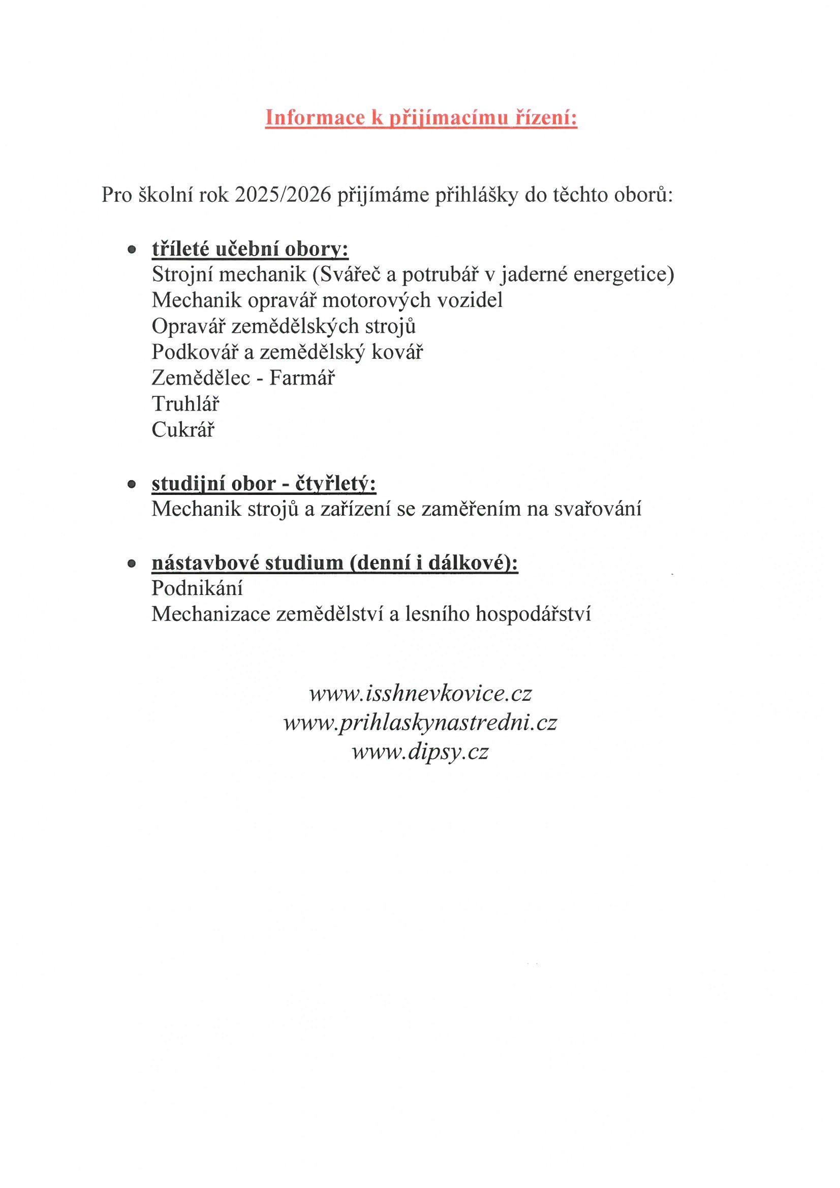 Informace pro školní rok 2025/2026